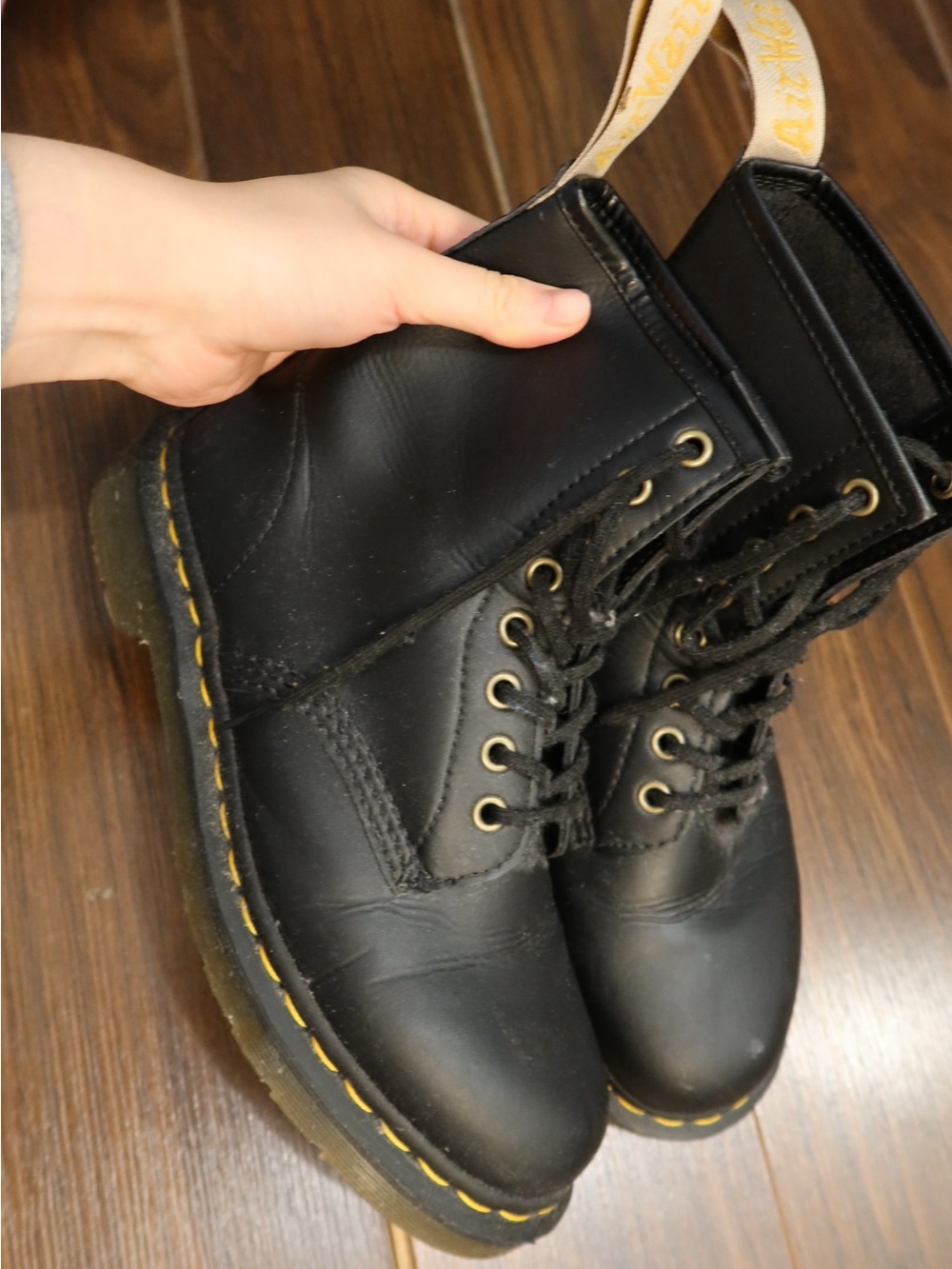 Dr. Martens Kids Black Leather Lace-Up Boots with Yellow Stitching